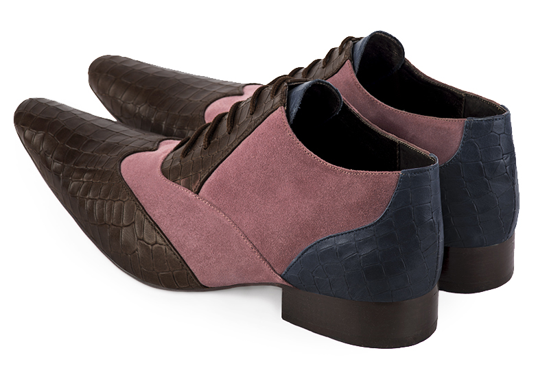 Dark brown, dusty rose pink and navy blue lace-up dress shoes for men. Tapered toe. Flat leather soles. Rear view - Florence KOOIJMAN